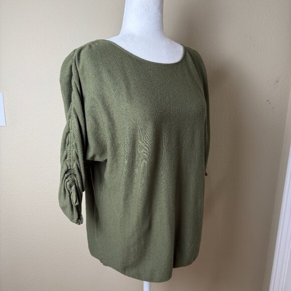 MAX STUDIO Olive Green Ruched Sleeve Knit Sweater Top Shirt Size Medium - Picture 2 of 7